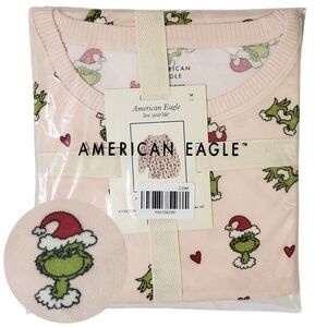 American Eagle Pajama Set Grinch Women Medium Pink Note Luxe Plush NWT 💕🎄
